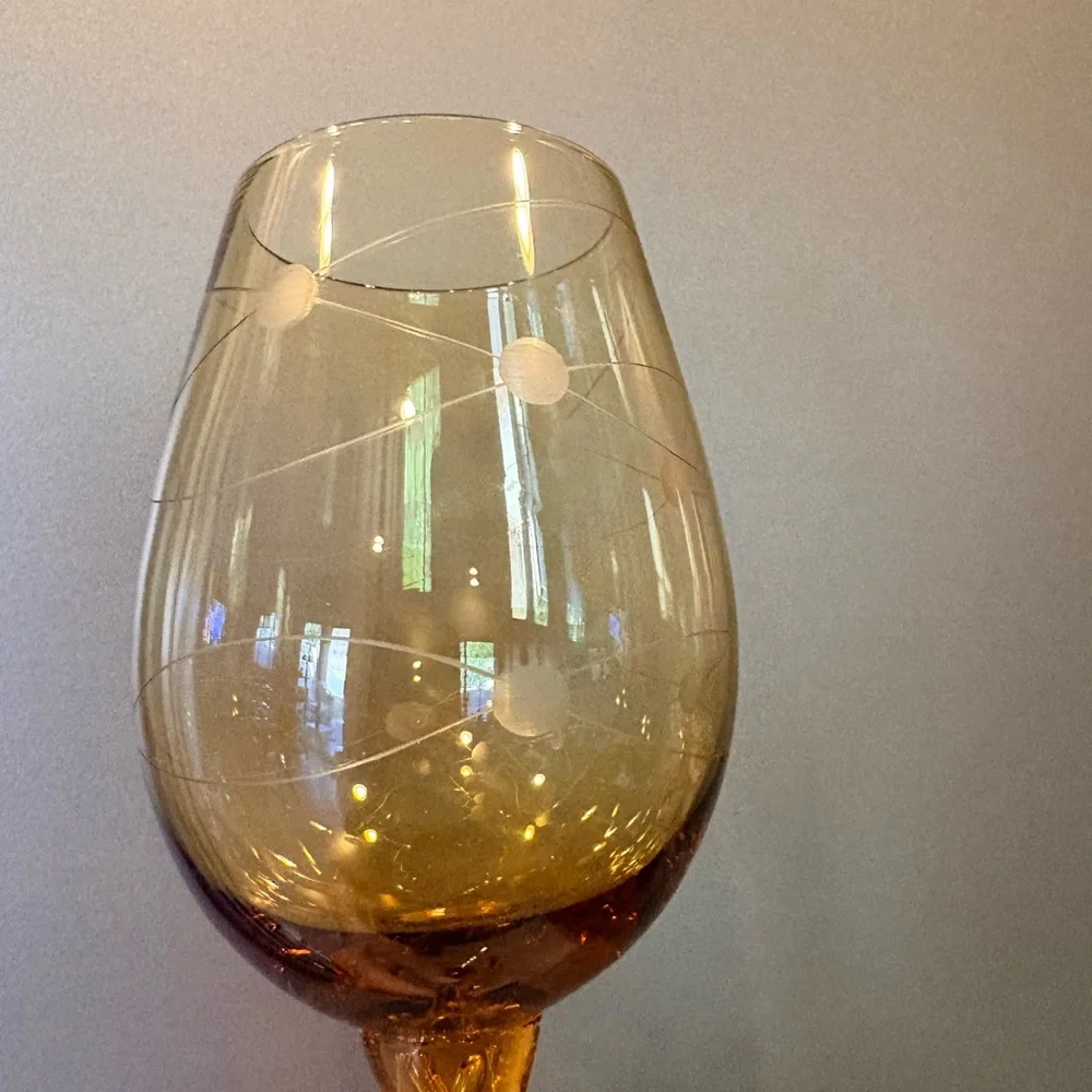 Vintage MCM Eisch Pirouette Amber Glasses, Air Twist Space Age Orbital Pattern 4